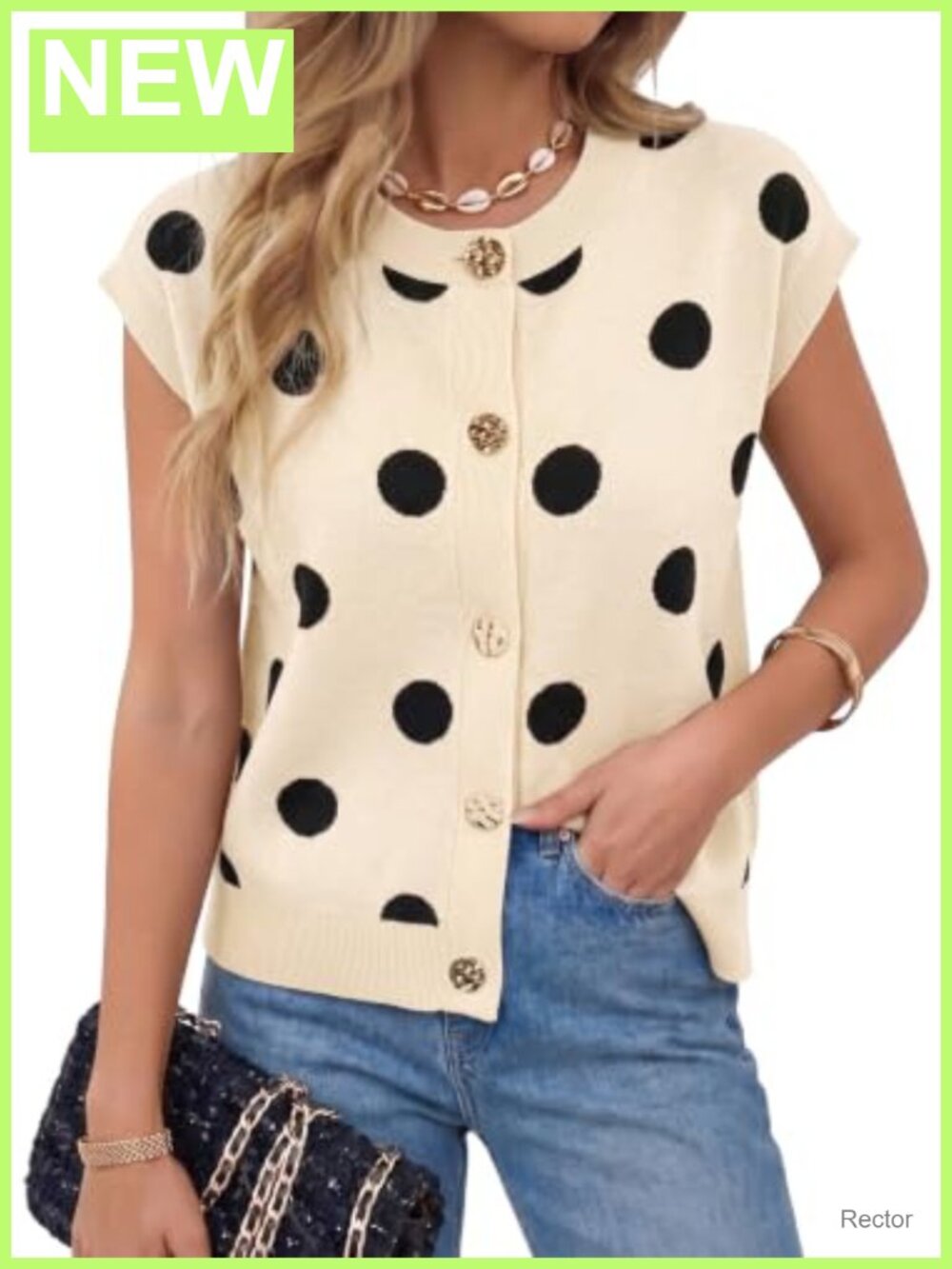 Ribbed Knit Sweater Vest Cap Sleeve Polka Dot Button Down Tank Top